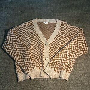 Checkered Knit Cardigan Sweater